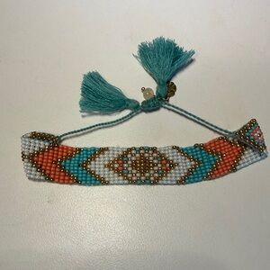 Handmade Turquoise & Coral Seed Bead Tassel Bracelet